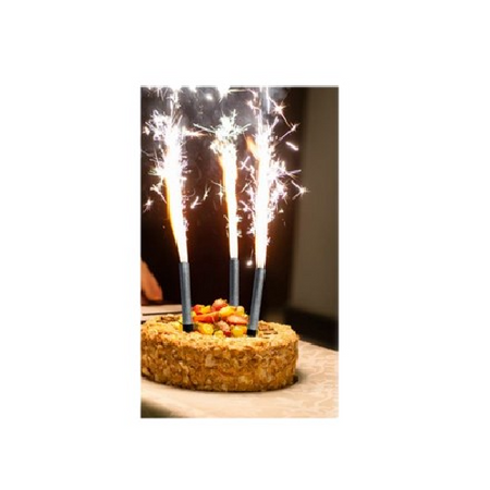 Indoor ice fountains being used on a birthday cake
