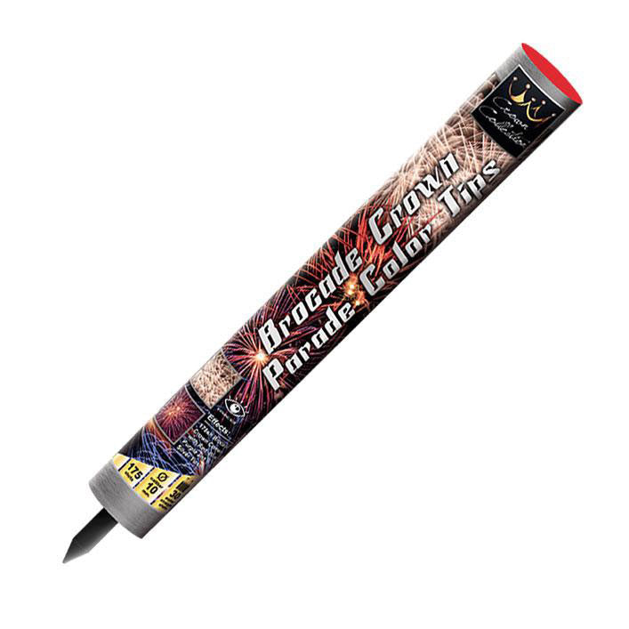 Brocade Crown Roman Candle with red, blue and purple tips.